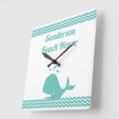 アーティックティール(緑がかった色)ブルーホエール&ウェーブブルー&ホワイトコースタル スクエア壁時計 (傾斜)