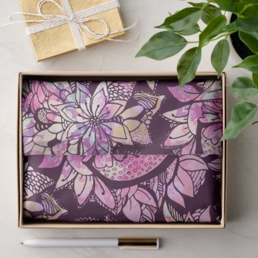 アートで抽象的なピンクの紫色の手描きの花柄 薄葉紙 (ギフト)