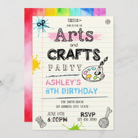 アートとクラフトの誕生日パーティーの招待 招待状 (正面/裏面)