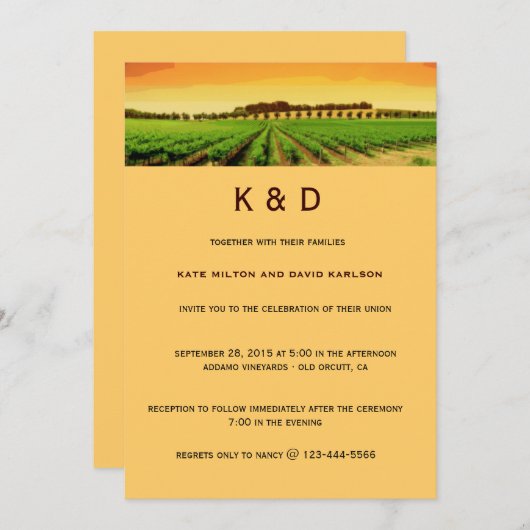 アートなブドウ園の日没のワイナリーの結婚式の招待 招待状 (正面/裏面)