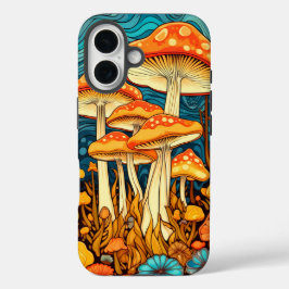 アートなレトロキノコの森のイラスト iPhone 16ケース