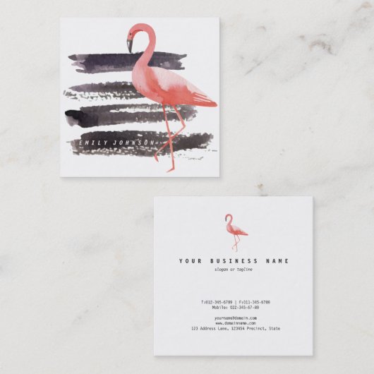 アートな水彩画のピンクのフラミンゴのブラシはラインをなでます スクエア名刺 (正面/裏面)