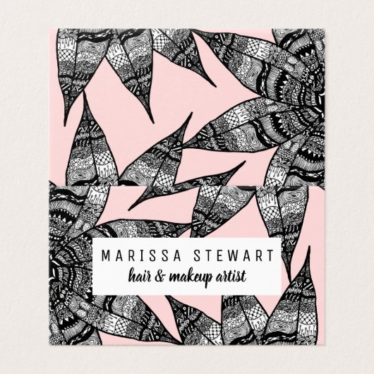 アートな白黒のピンクの手描きの花のスケッチ 名刺 (外部フラット)