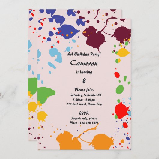 アートをテーマにした第8回バースデーパーティーへの招待 招待状 (正面/裏面)