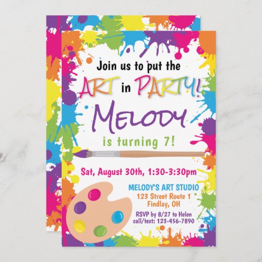 アートをパーティーに入カラフル絵を描誕生日 招待状 (正面/裏面)