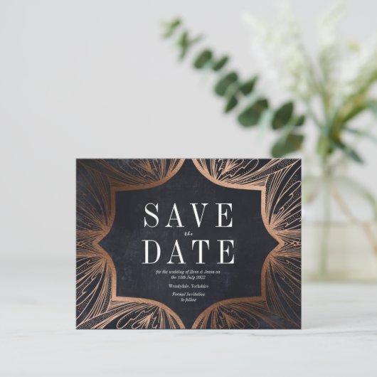 アートアールヌーボーフェイク金ゴールド結婚式SAVE THE DATE ポストカード (スタンド正面)