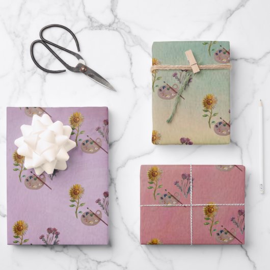 アートカラフルパレットの花 ラッピングペーパーシート (正面)