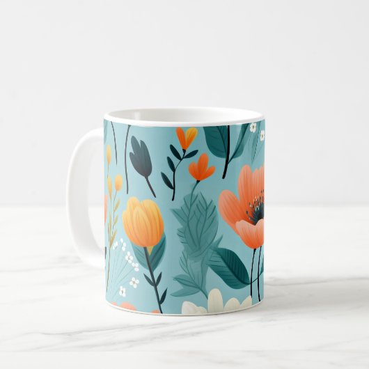 アートカラフルフラワーアクア、ホワイト、ピーチ、イエロー、 コーヒーマグカップ (正面左)