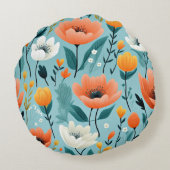 アートカラフルフラワーアクア、ホワイト、ピーチ、イエロー、 ラウンドクッション (裏面)