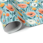 アートカラフルフラワーアクア、ホワイト、ピーチ、イエロー、 ラッピングペーパー (ロールコーナー)