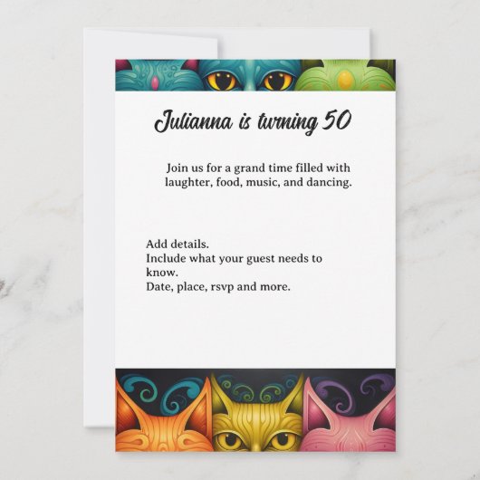 アートカラフル態度キャットレディ誕生日 招待状 (裏面)