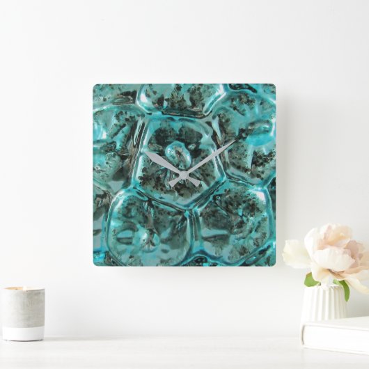 アートガラスティール(緑がかった色)ブルージュエルタートルシェル スクエア壁時計 (ホーム)