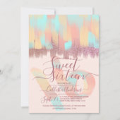 アートガーリーティール（緑がかった色）ピンクグリッターブラッシュストロークスウィート16 招待状 (正面)