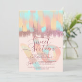 アートガーリーティール（緑がかった色）ピンクグリッターブラッシュストロークスウィート16 招待状 (スタンド正面)