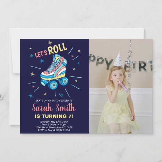 アートガールスケートで滑る誕生日招待状と写真 招待状 (正面)