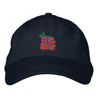 アートキャップ:クリスマスハイビスカスの花。ネイビー 刺繍入りキャップ