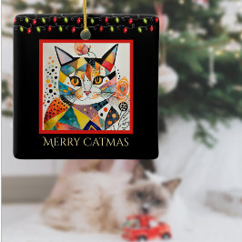 アートクリスマスライト付きキャッメリーマスブラック セラミックオーナメント