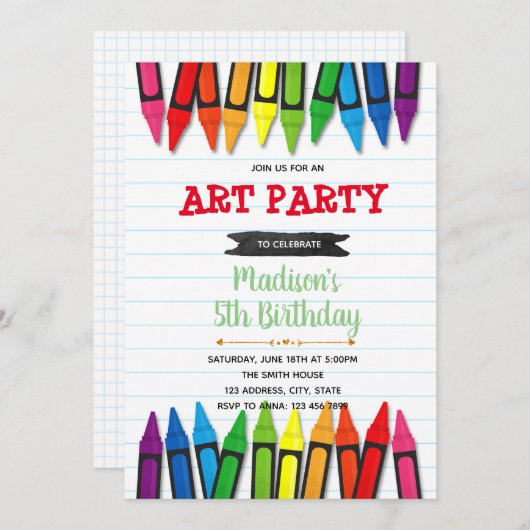 アートクレヨンの誕生日パーティーの招待 招待状 (正面/裏面)