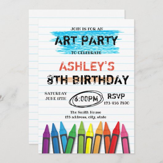 アートクレヨン誕生日パーティーの招待状 招待状 (正面/裏面)