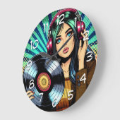 アートクール漫画スタイルガールとビニポップ・アートのルアルバム ラージ壁時計 (傾斜)