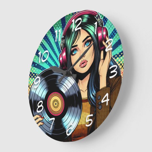 アートクール漫画スタイルガールとビニポップ・アートのルアルバム ラージ壁時計 (傾斜)