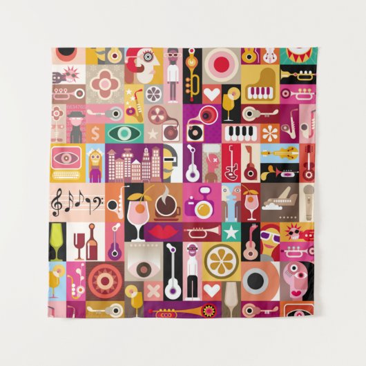 アートコラージュ、ミュージカルヴィンテージイラストレーション。パッチウ タペストリー (正面)