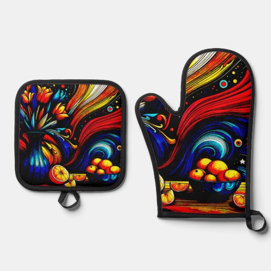 アートコンテンポラリーの花とオレンジの夜空 鍋つかみ&鍋敷きセット (正面)
