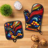 アートコンテンポラリーの花とオレンジの夜空 鍋つかみ&鍋敷きセット (トップダウン)