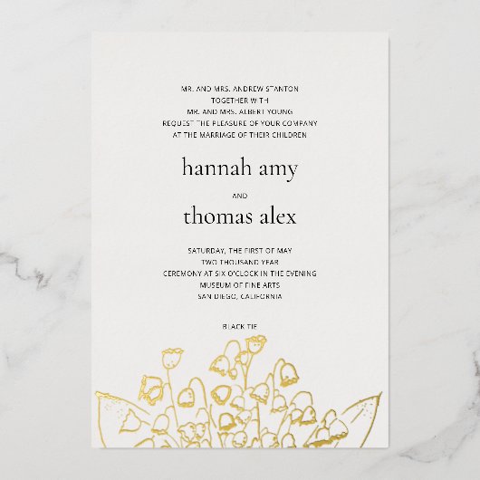 アートスケッチリリーモダンバフォーマルレー結婚の金ゴールド 箔招待状 (正面)