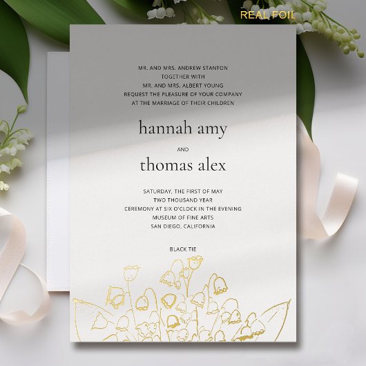 アートスケッチリリーモダンバフォーマルレー結婚の金ゴールド 箔招待状