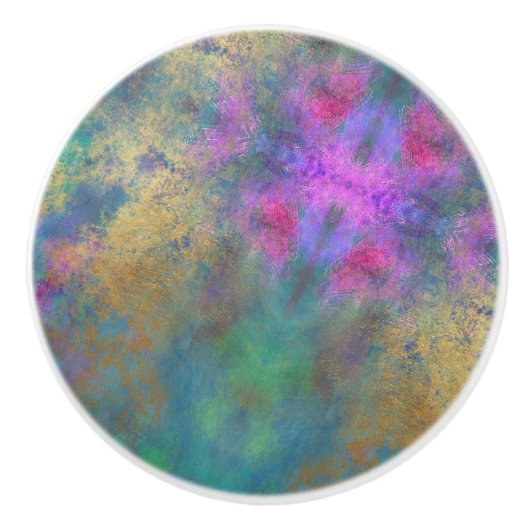 アートティール（緑がかった色）ピンク緑のフェイク黄金の模様 セラミックノブ (正面)