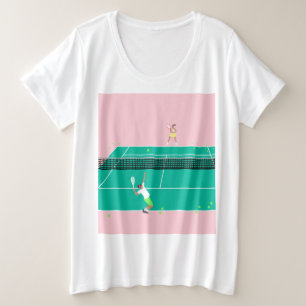 アートテモダンニスマッチ選手ピンクグリーン プラスサイズTシャツ