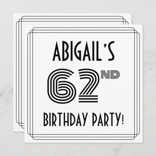 アートデコにインスパイアされた62歳の誕生日パーティー オーダーメイドネーム 招待状 (正面/裏面)