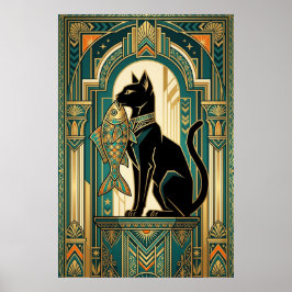 アートデコのカーテンを登る猫の壁画 ポスター