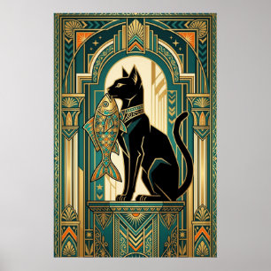 アートデコのカーテンを登る猫の壁画 ポスター