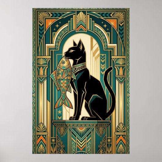 アートデコのカーテンを登る猫の壁画 ポスター (正面)
