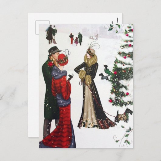 アートデコのクリスマスの人々　ホリデー ヴィンテージ ポストカード (正面/裏面)
