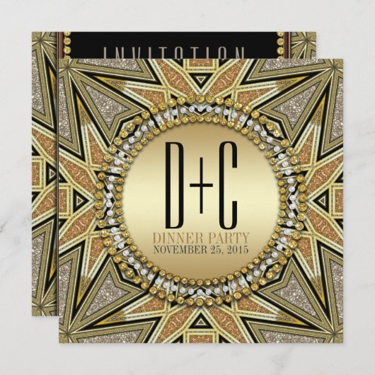 アートデコのゴールドグリッター ディナーパーティー招待状 招待状 (正面/裏面)