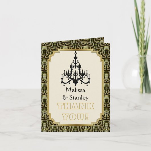 アートデコのシャンデリア 黒 ゴールド 結婚式 サンクス サンキューカード (正面)