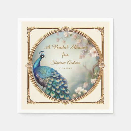 アートデコのペコックエレガントフラワー ブライダルシャワー スタンダードカクテルナプキン (正面)