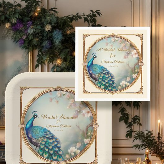 アートデコのペコックエレガントフラワー ブライダルシャワー スタンダードカクテルナプキン