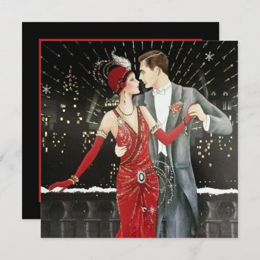 アートデコのレトロヴィンテージクリスマスカップル シーズンカード (正面/裏面)