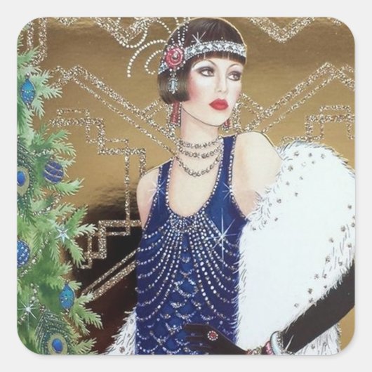 アートデコのレトロヴィンテージクリスマスホリデーレディ スクエアシール (正面)