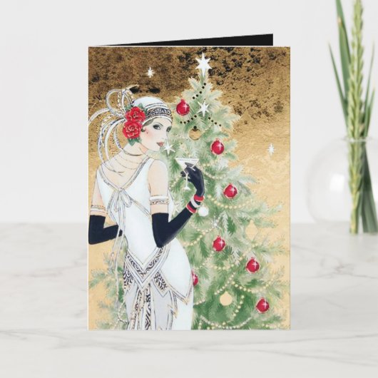 アートデコのレトロヴィンテージクリスマスメッセージレディ シーズンカード (正面)