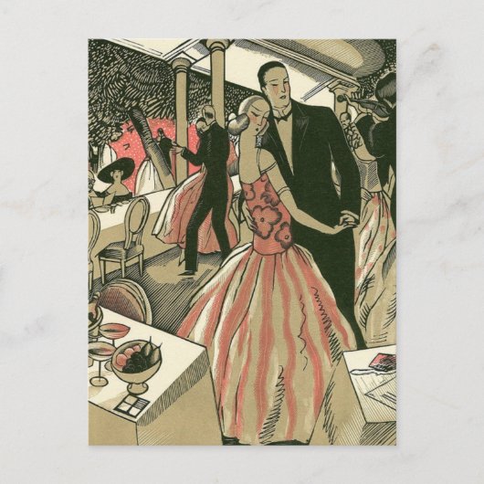 アートデコのヴィンテージ結婚式、新婚夫婦のファーストダンス 案内ポストカード (正面)