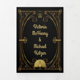 アートデコの孔雀とライオンとセーホースの写真 ウェディング 三つ折り招待状