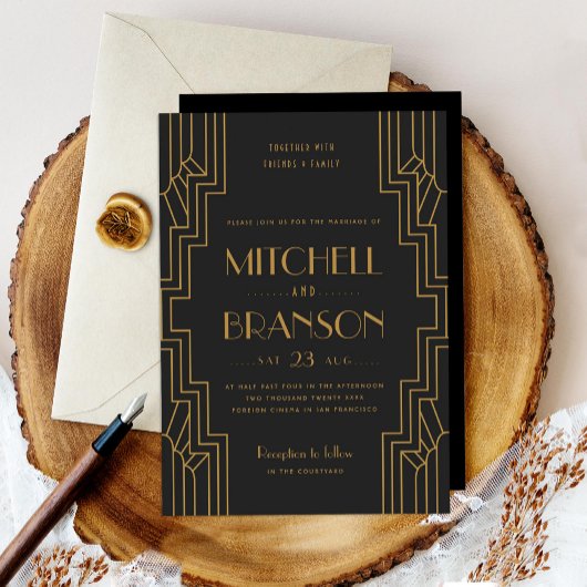 アートデコの結婚式招待状 ゴールド ブラック ゲイウェディング 招待状