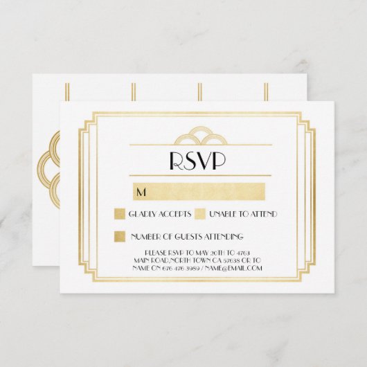 アートデコの返信カード 1920年代 ゴールド ホワイト レスポンス (正面/裏面)