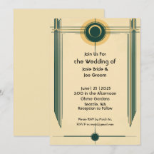 アートデコの黄色と緑の結婚式招待状