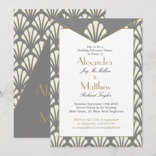 アートデコスタイルのウェディングリハーサルディナー グレー ヴィンテージ 招待状 (正面/裏面)